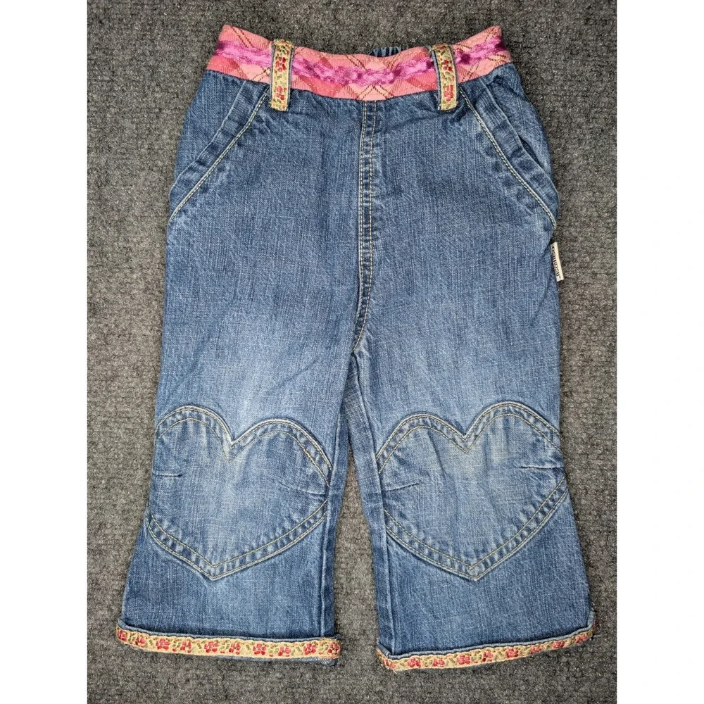 OshKosh Girls Size 12 Months Denim Heart‎ Knee Ribbon Pants Pink